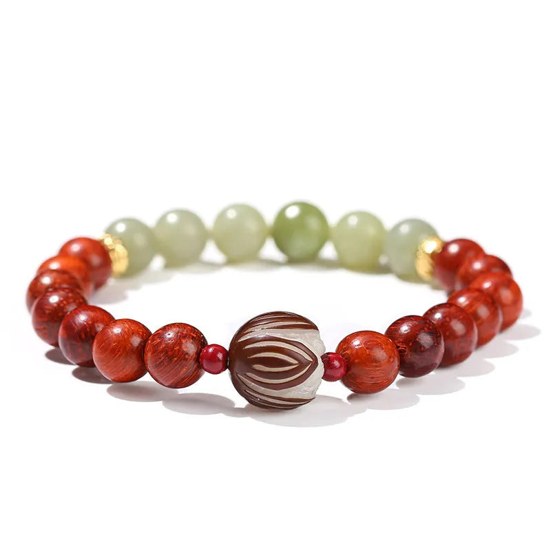 Red rosewood and grey jade Bodhi Lotus bracelet with geometric round beads