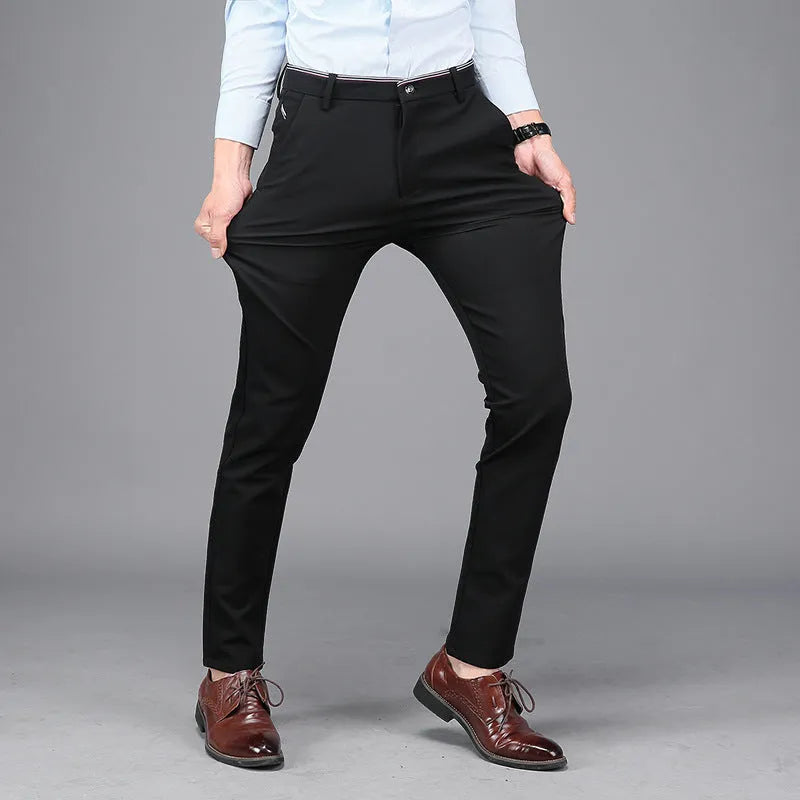 Cotton blend business casual pants in black or blue, no belt, sizes 28 to 38