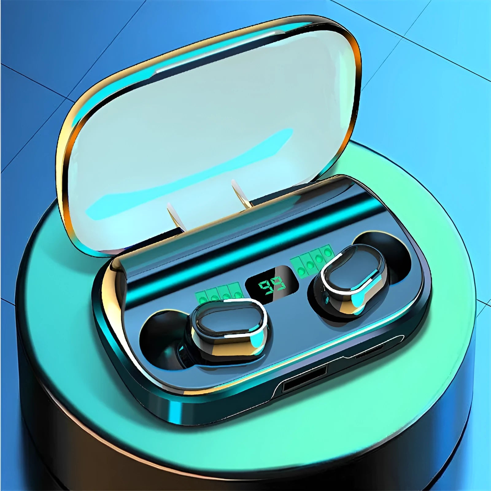 Black TWS XT01 Bluetooth earphones with digital display and charging case with Type-C port