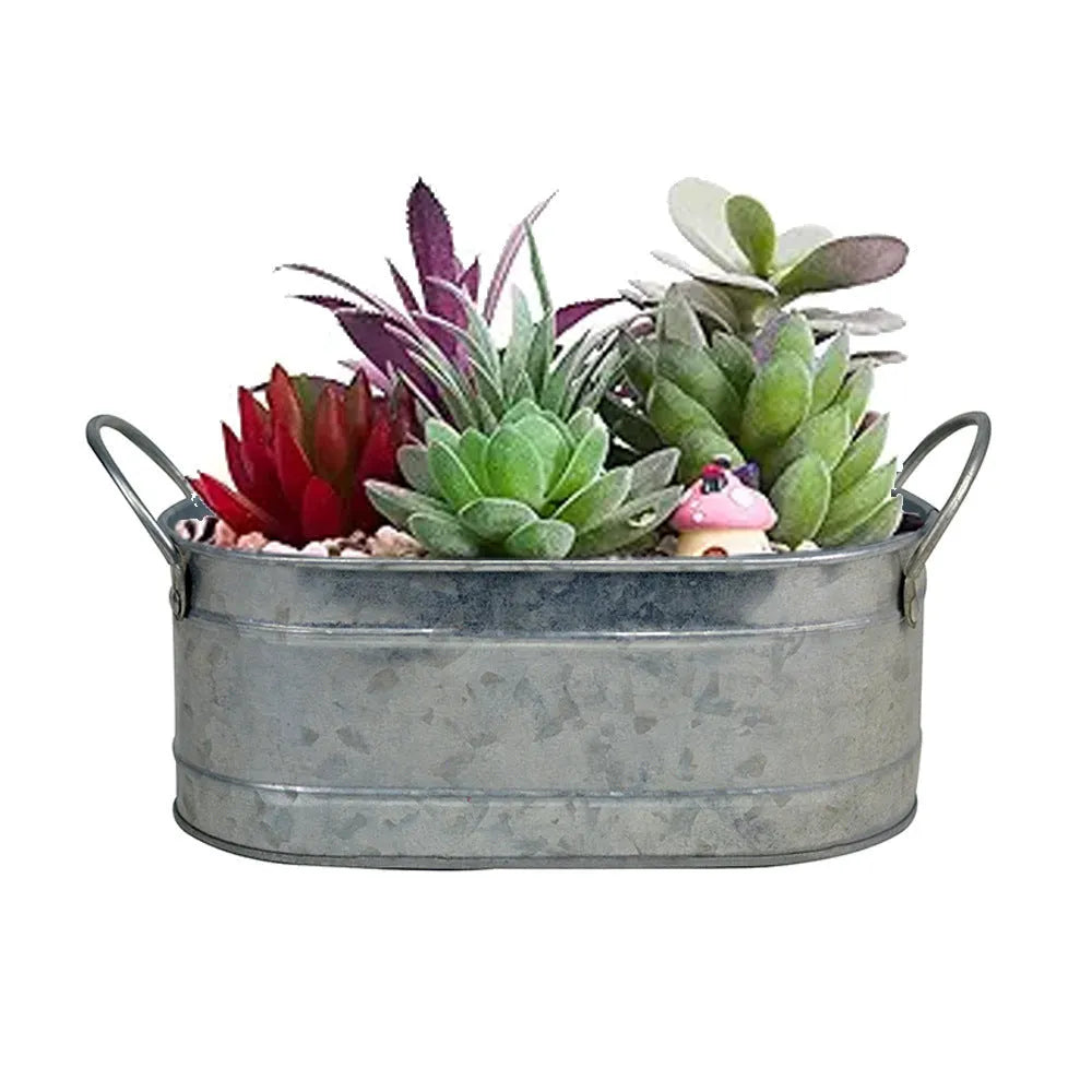 A grey iron sheet succulent flower pot on a wooden desktop.
