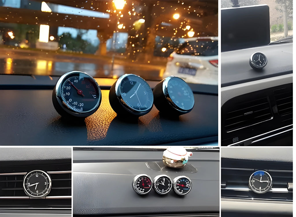 Luminous car clock and thermometer in black, blue, red or white plastic, Mini clock or Thermometer model