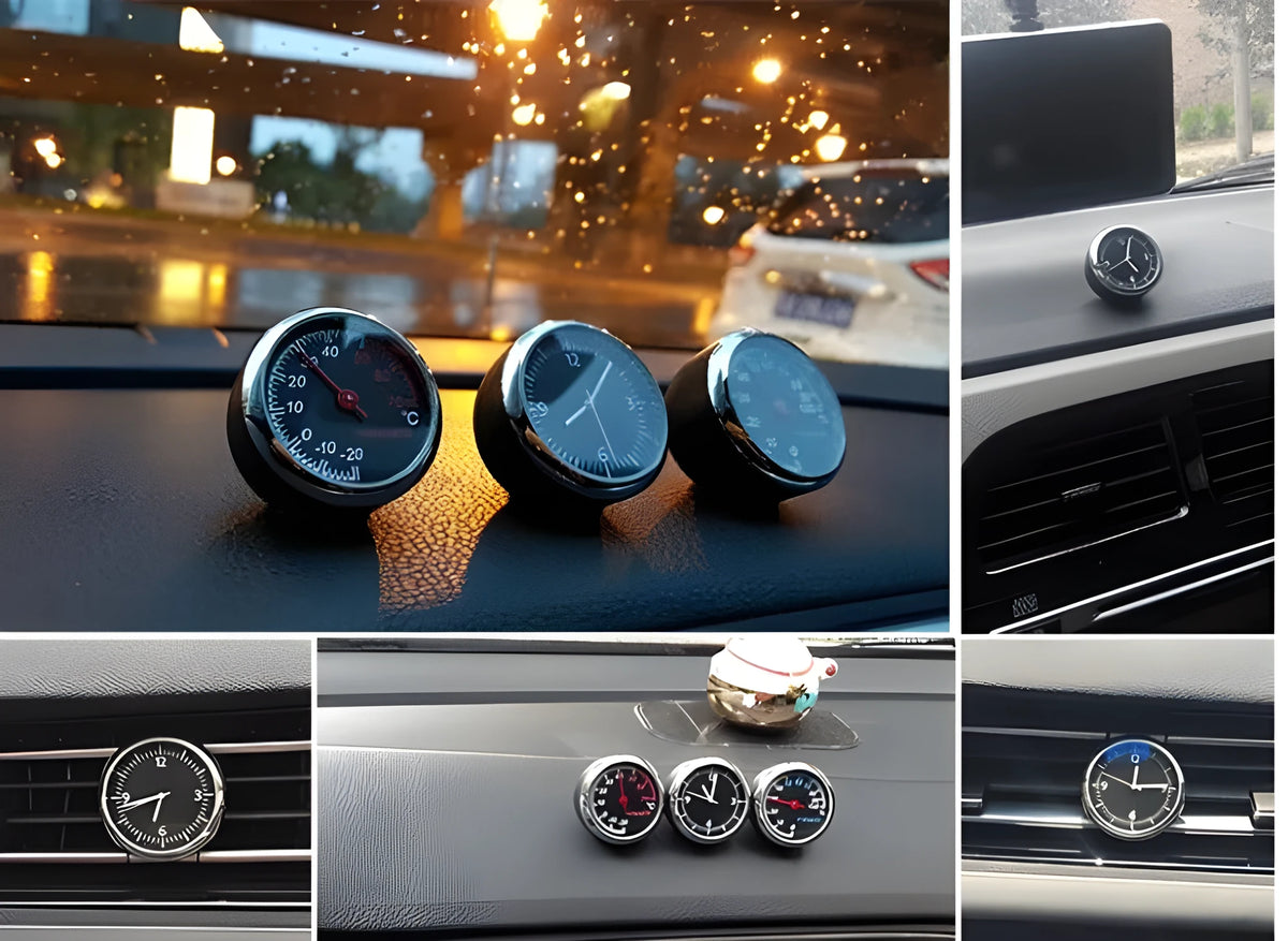Luminous car clock and thermometer in black, blue, red or white plastic, Mini clock or Thermometer model