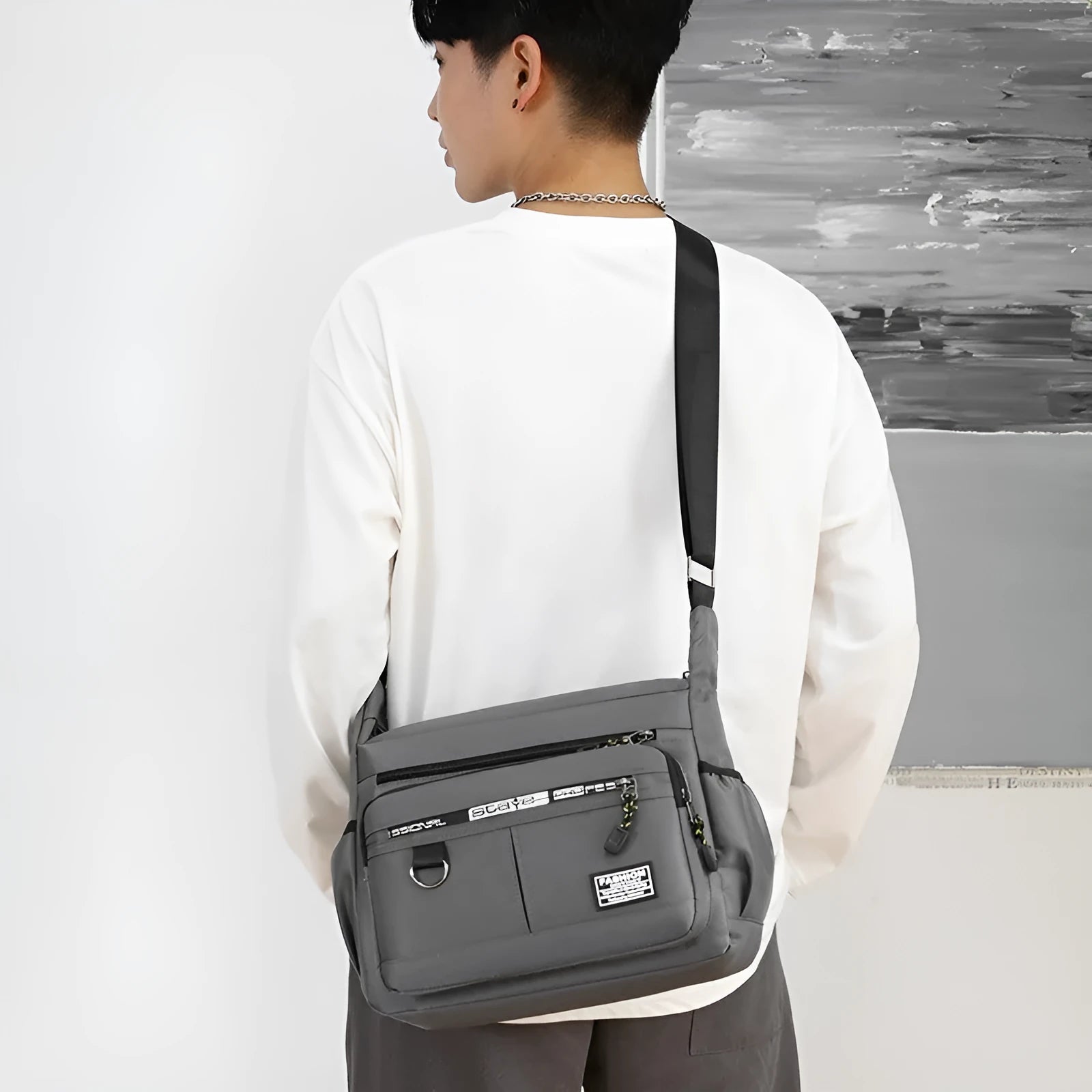 Men's multi-pocket crossbody bag in Oxford cloth, solid colour, large capacity, urban simplicity style