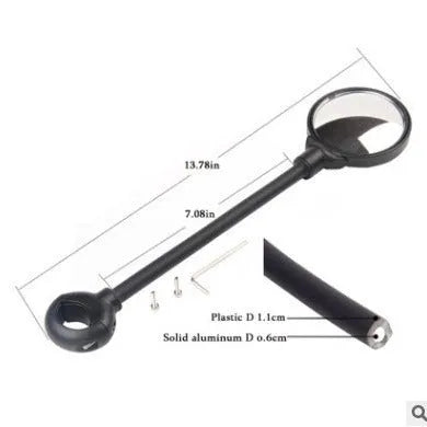 Black metal bicycle rearview mirror with hose adjustment clamp attached to handlebar