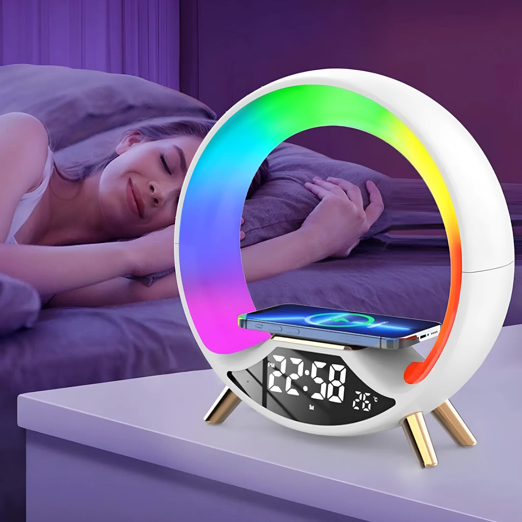 O Light three in one wireless charging Bluetooth speaker night light with digital clock display