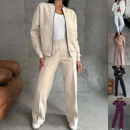 Stylish women's sports outfit with zipper jacket and wide-leg pants in a variety of colors