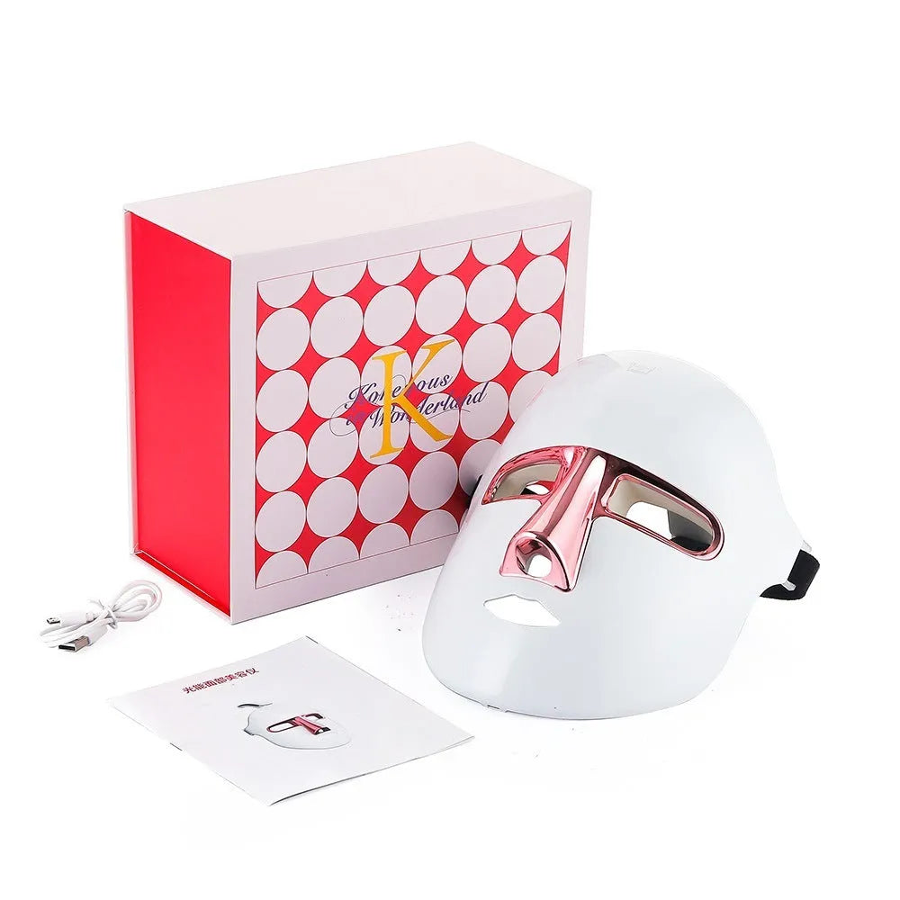 Rose Gold LED facial mask with seven colour lights and elastic band for home use