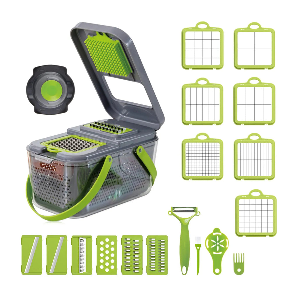 Grey multifunctional vegetable cutter with stainless steel blades and ABS body, foldable design, water filter basket, 26x15.5x14.5 cm