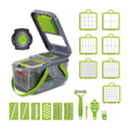 Grey multifunctional vegetable cutter with stainless steel blades and ABS body, foldable design, water filter basket, 26x15.5x14.5 cm