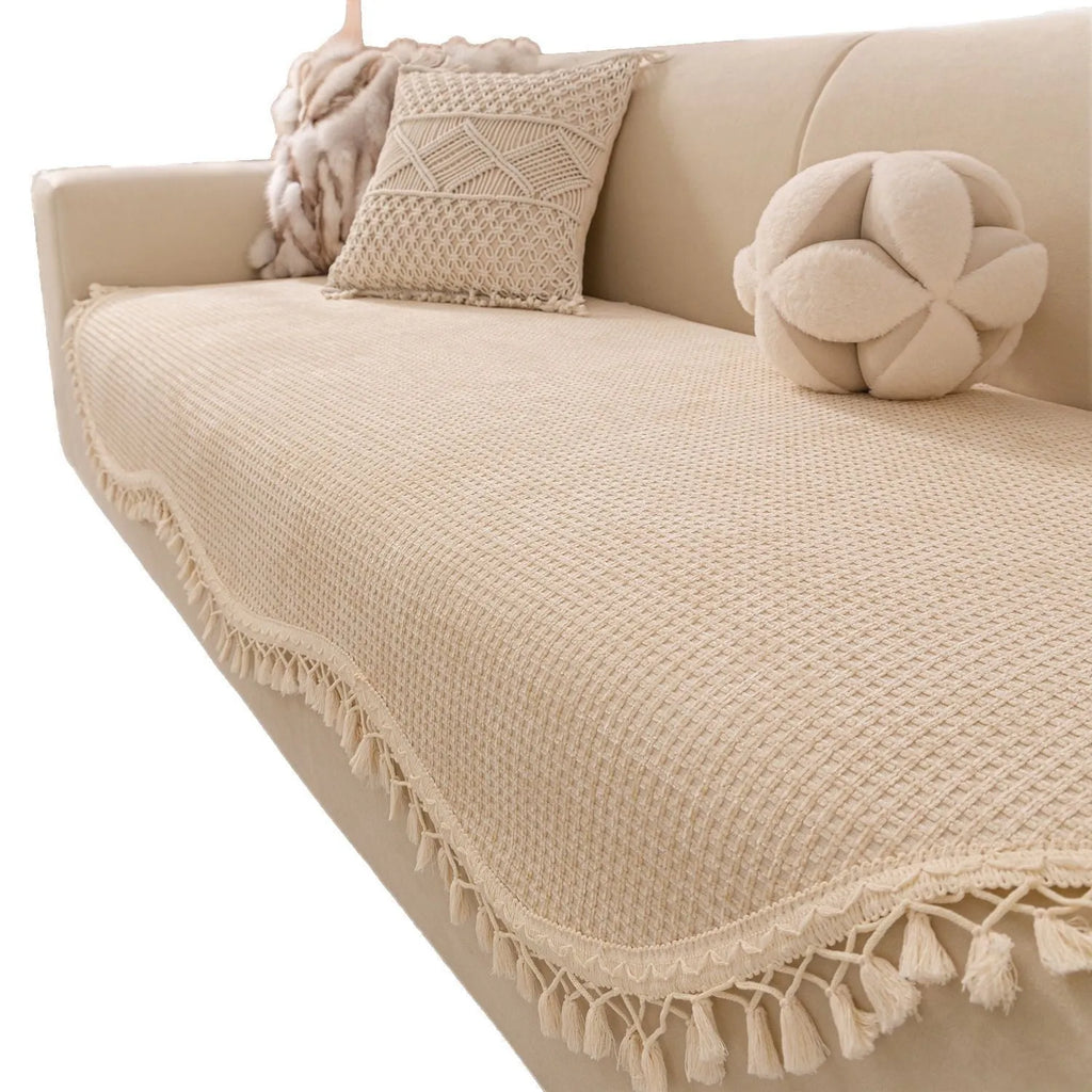 Special-shaped tassle short plush non-slip polyester sofa cover in khaki colour, 90cm width