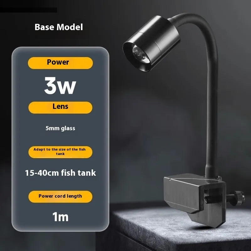 Mini LED aquarium light for small fish bowls with clip attachment and 3W power rating