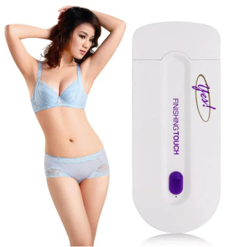 White electric hair removal shaver with foil head and trimmer head attachment on a blue background.