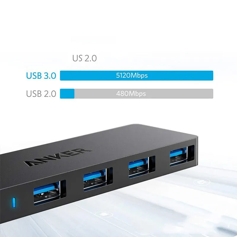 Black Anker USB 3.0 4-port hub with 200mm cable for laptop and desktop computers