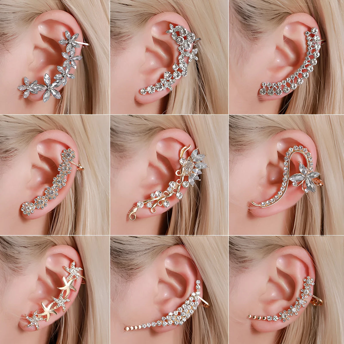 Full crystal butterfly and flower single crystal ear clip in gold alloy finish with artificial gemstone inlay