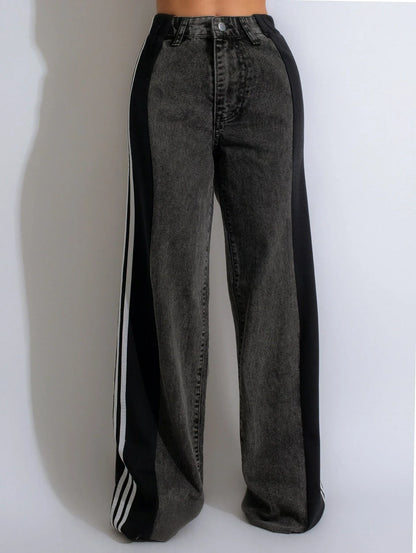 High-waist denim pants with a stylish patchwork design, available in various color options