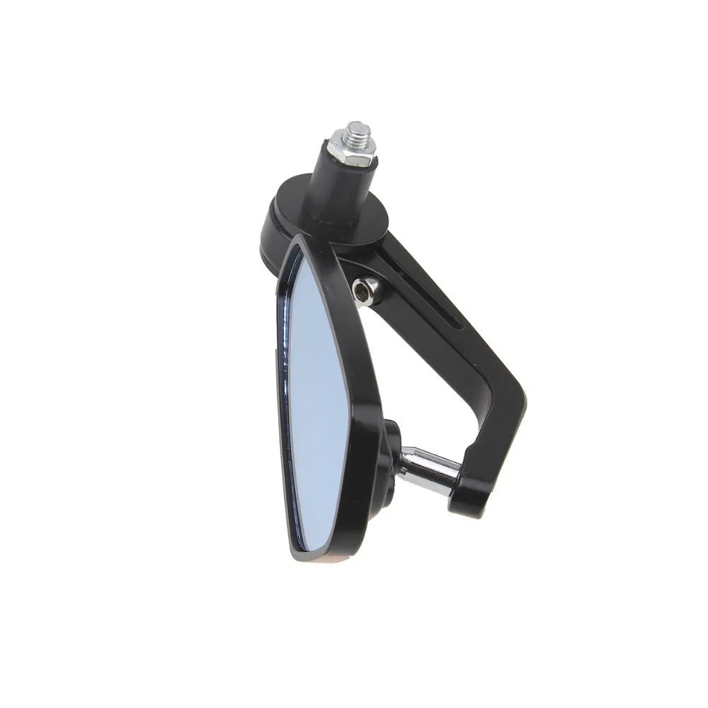Pair of diamond-shaped aluminium motorcycle mirrors with blue anti-dazzle glass on a motorcycle handlebar
