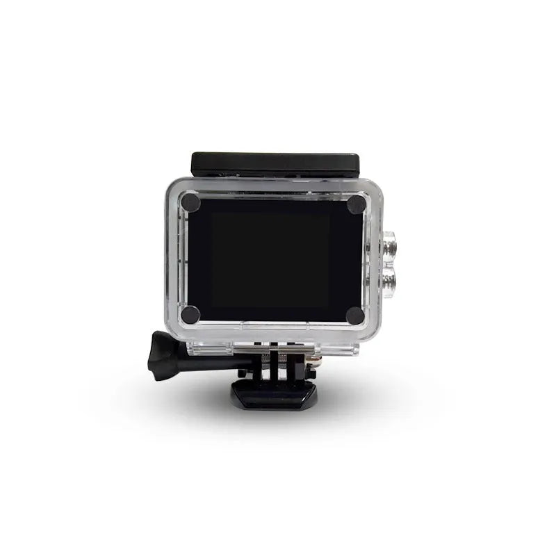 HD 1080P waterproof action sports camera in black with 140-degree wide-angle lens and 30m depth rating