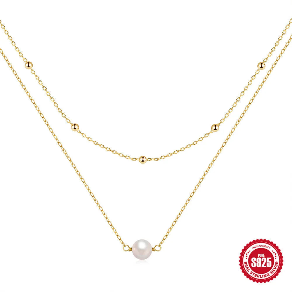 S925 sterling silver double layer necklace with twin pearl pendant in geometric design