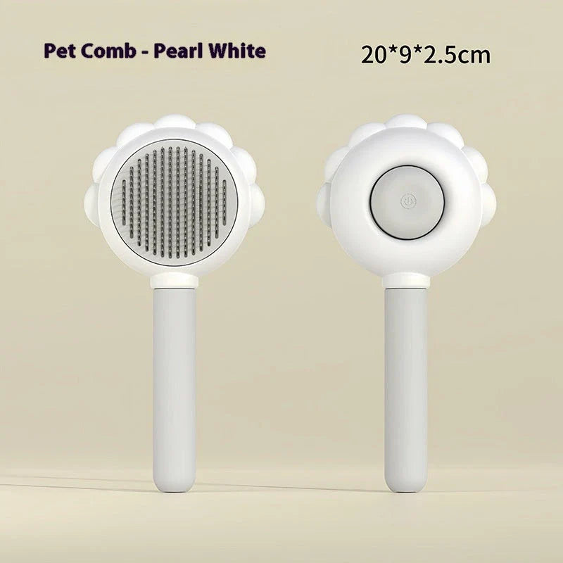 Self-cleaning dog grooming brush with curved comb teeth designed to gently remove excess hair and detangle your pet's coat