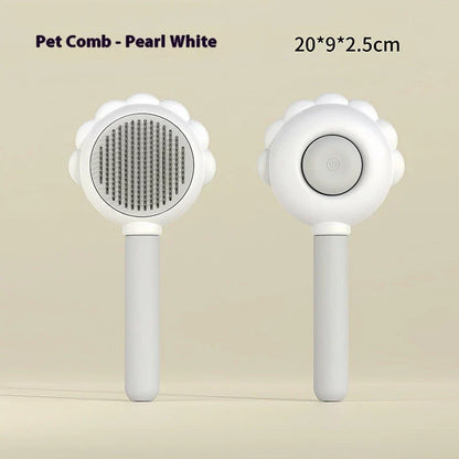 Self-cleaning dog grooming brush with curved comb teeth designed to gently remove excess hair and detangle your pet's coat