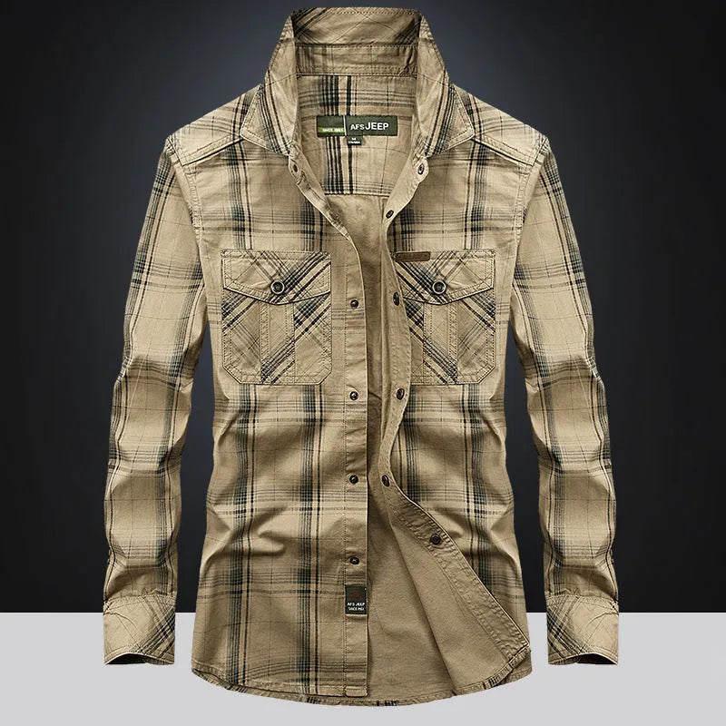 Men's plus size loose cargo cotton shirt in khaki, sapphire blue or army green, sizes M to 5XL, half sleeve.