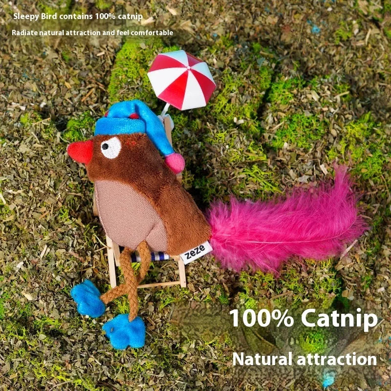 Bird catnip cat toy self-hi teaser in fleece cloth and woven fabric, Fat Kitchen Bird and Sleepy Bird options