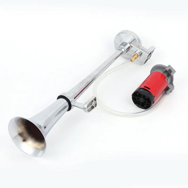 12V single trumpet loud car horn with chrome finish, 450mm length, on a white background