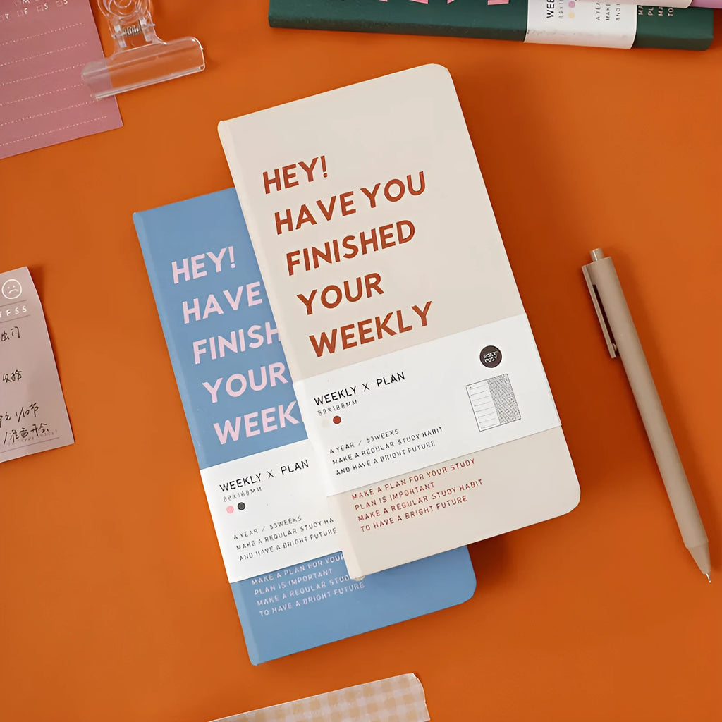 Weekly planner diary handbook with 100 pages available in blue, brown, green, and purple colours