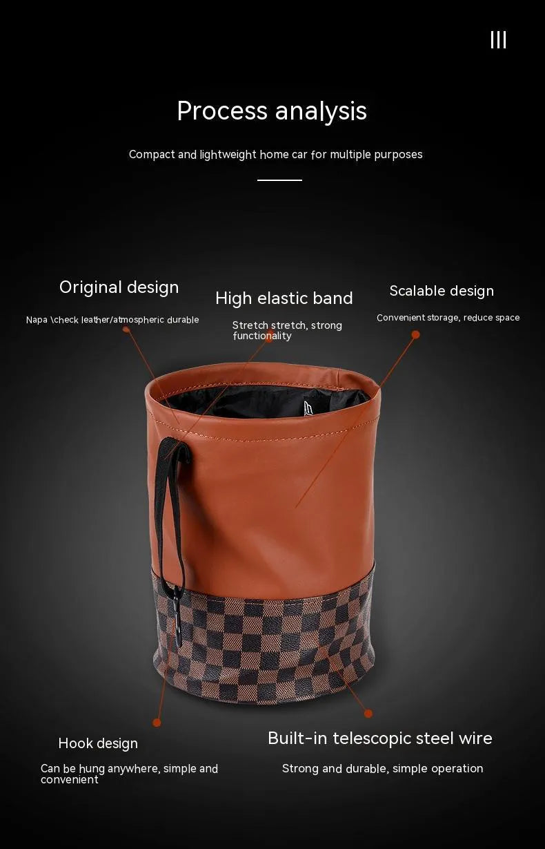 Black retractable leather car trash can with handle shown in folded and expanded states