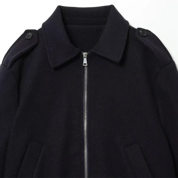 Women's black PU turn-down collar coat with zipper, long sleeves, casual Japanese Korean style