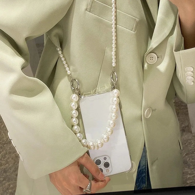 Soft iPhone case with large white pearl decoration and silver chain in Japanese Korean style.