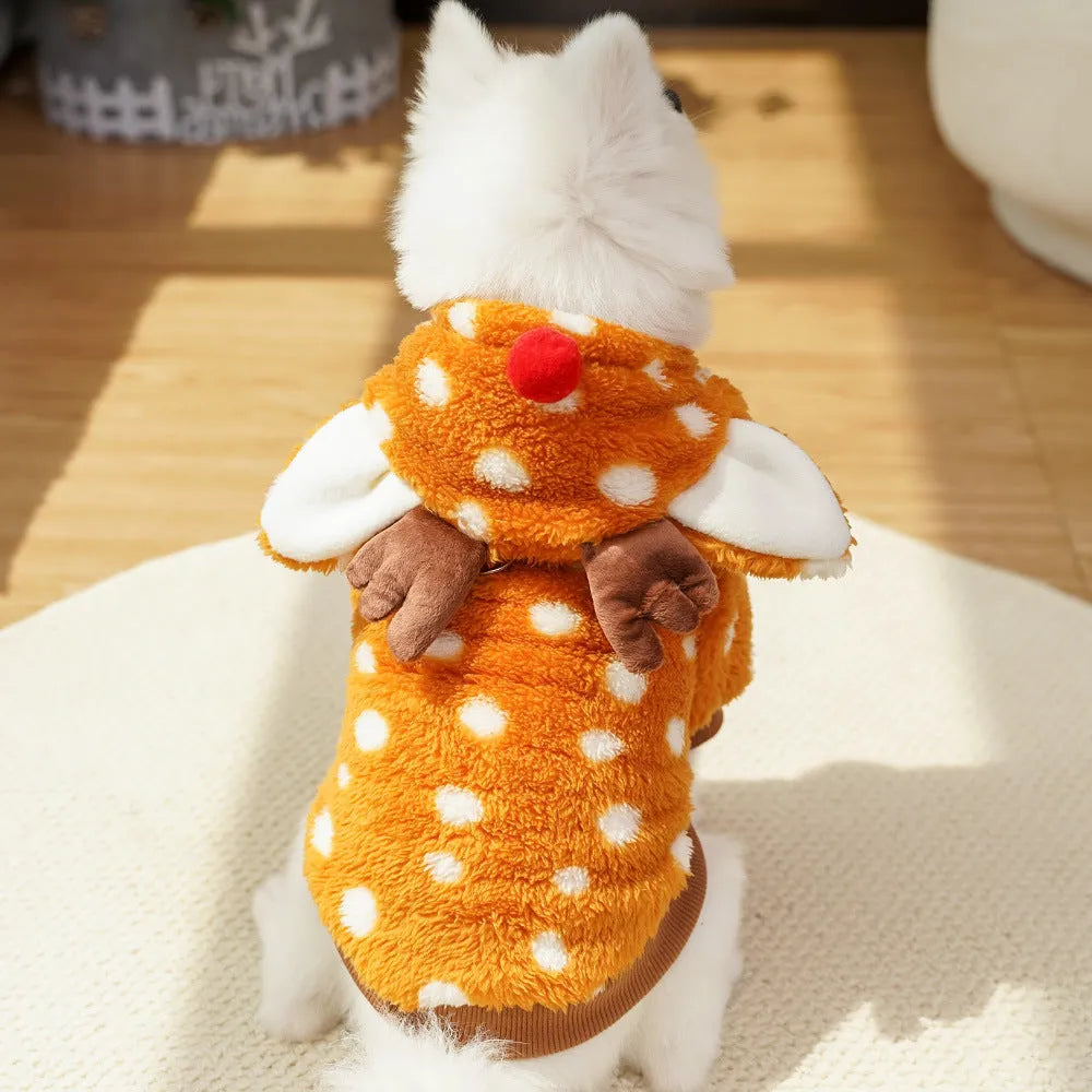 Elk reindeer costume for dog or cat with fleece lining, showing two-leg design and festive appearance