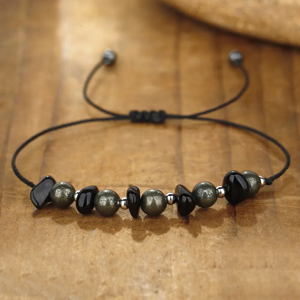 Black garnet stone beaded bracelet with geometric shapes and moon elements in original gravel design