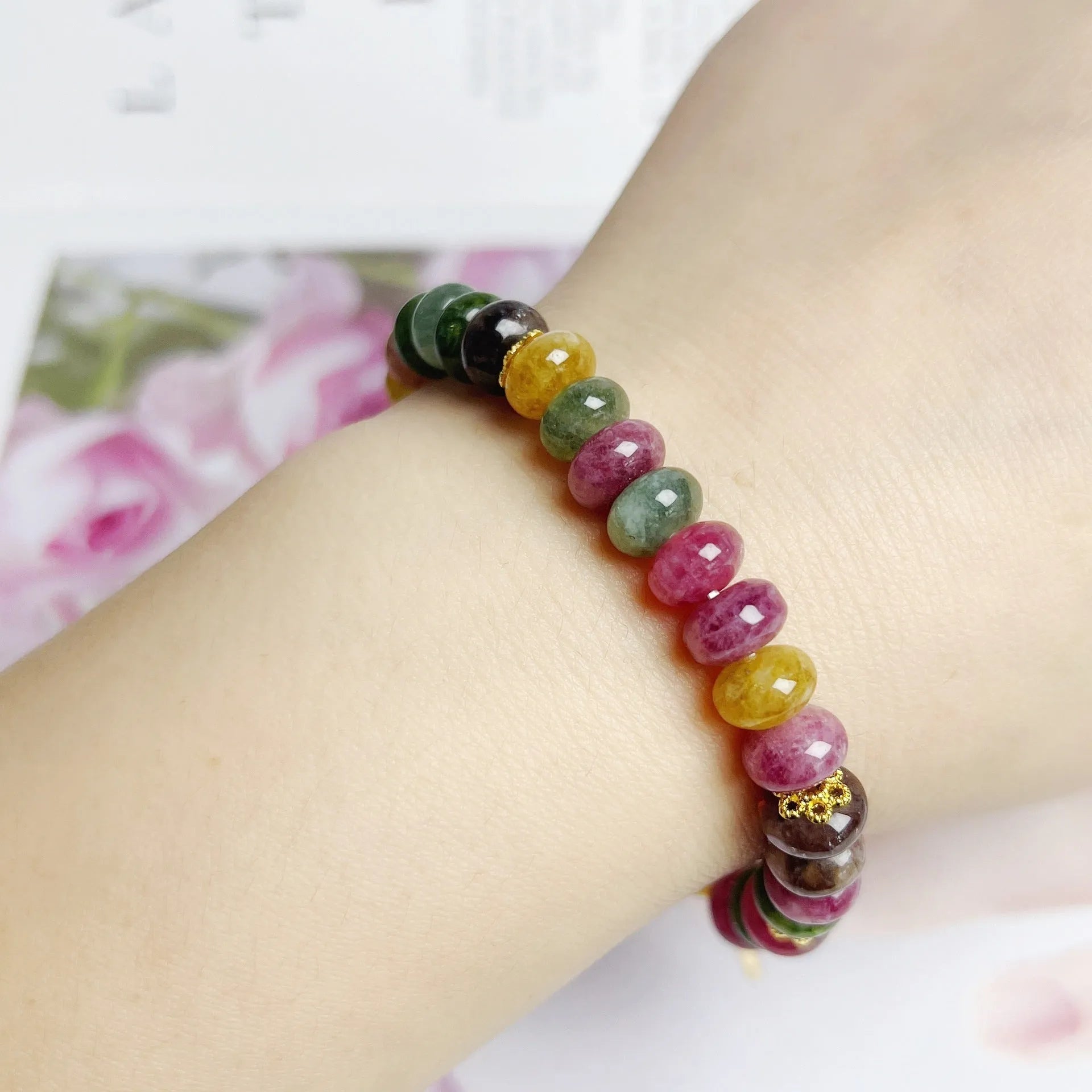 Women's colourful tourmaline abacus bead bracelet with artificial crystal components