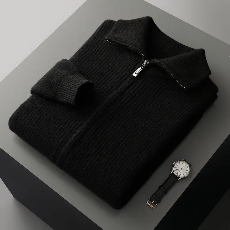 men's wool zipper cardigan fall winter lapel shirt coat pure wool knitted jacket long sleeve standard wool dark gray black S M L XL XXL 3XL adult male youth casual wear daily use cold season office layering piece non-iron finish