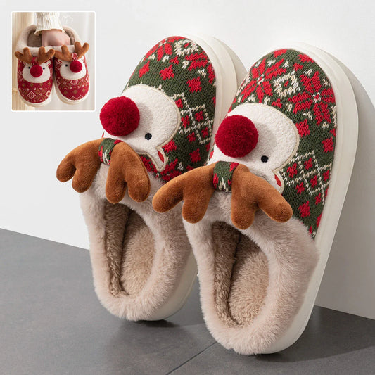 Cozy Christmas elk plush slippers with soft, plush fabric and non-slip soles for indoor comfort and style