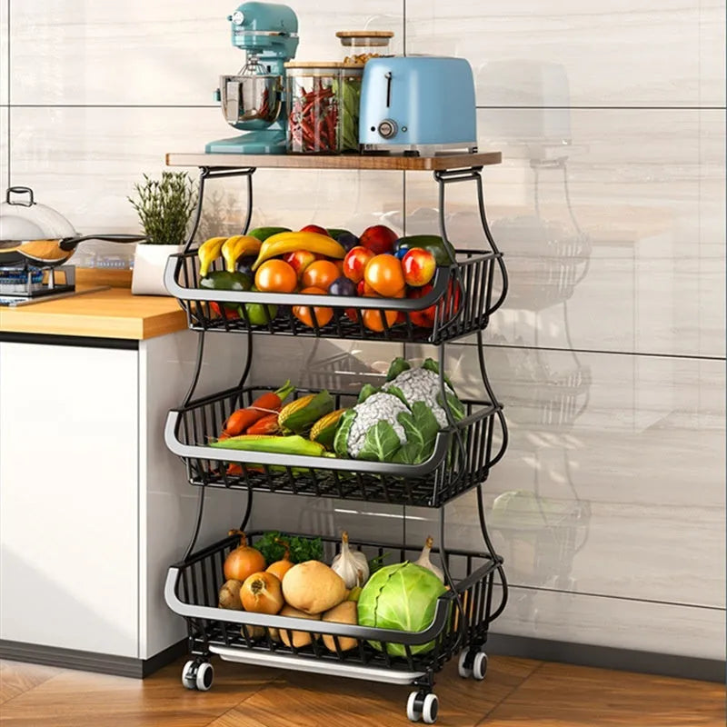 Black six-layer free-standing metal kitchen shelf trolley on a floor, showing foldable design.