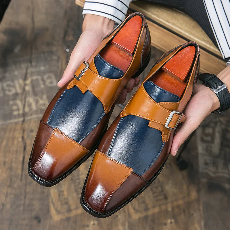 Men's brown blue retro buckle casual leather shoes with tall crown height on a plain background.