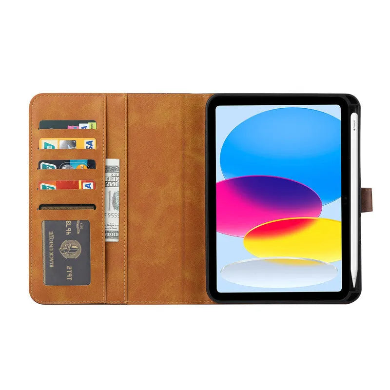 Classic kneading leather flip protective cover for Apple iPad in black, showing business design.