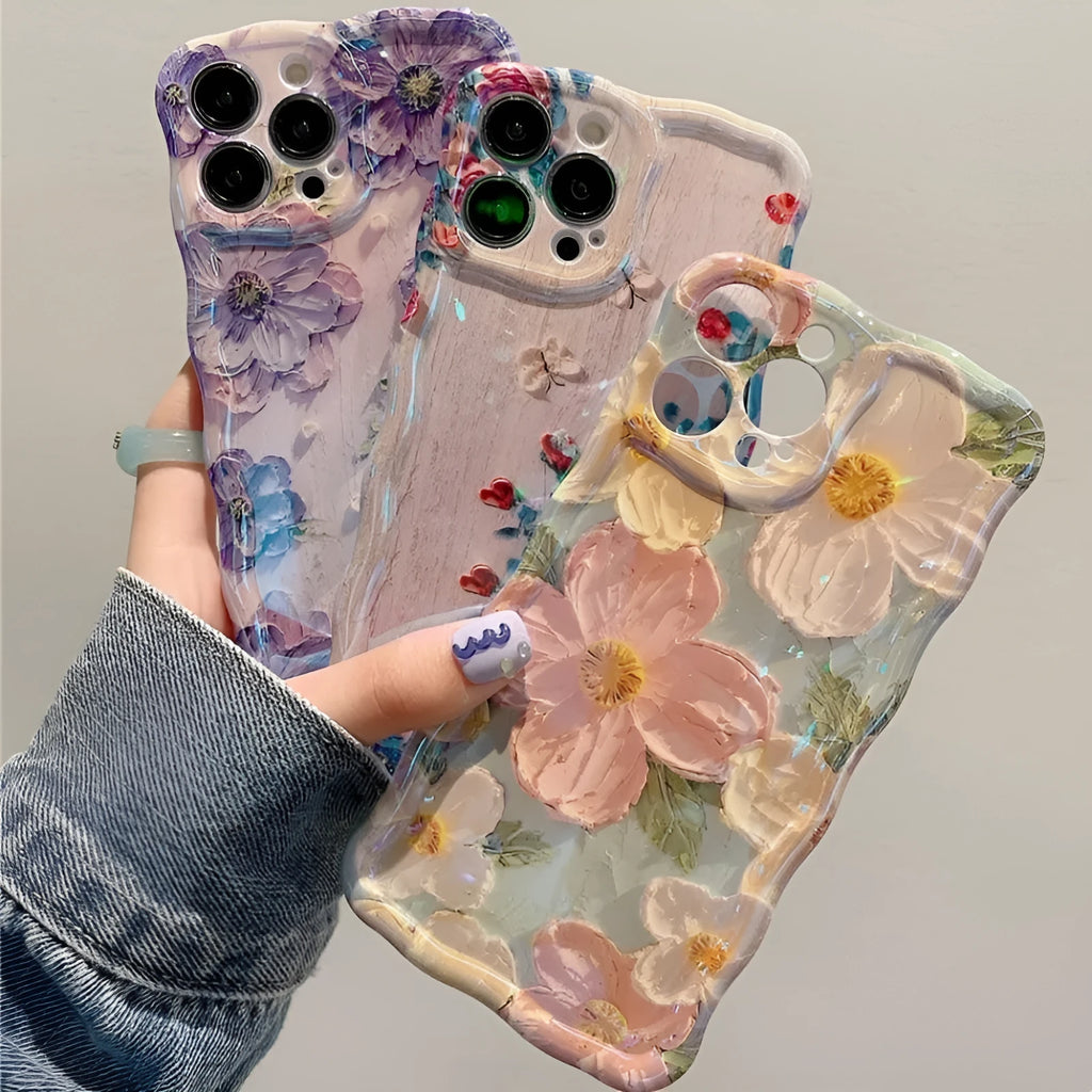 TPU oil painting flower phone case for Apple iPhone 14-16 series, green background design