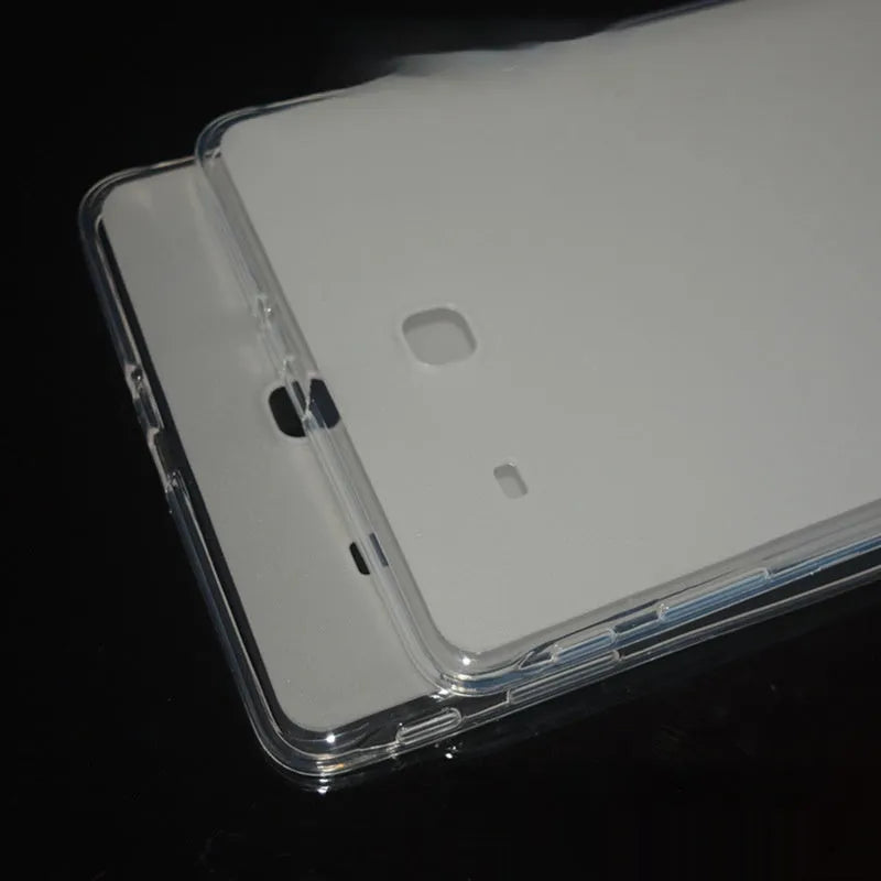 Ultra-thin clear silicone tablet case showing transparent white colour and minimalist design