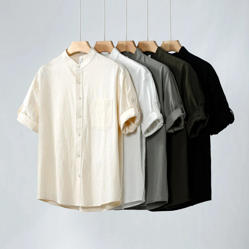 Men's loose fit short-sleeved linen blend shirt in a solid colour with a stand collar