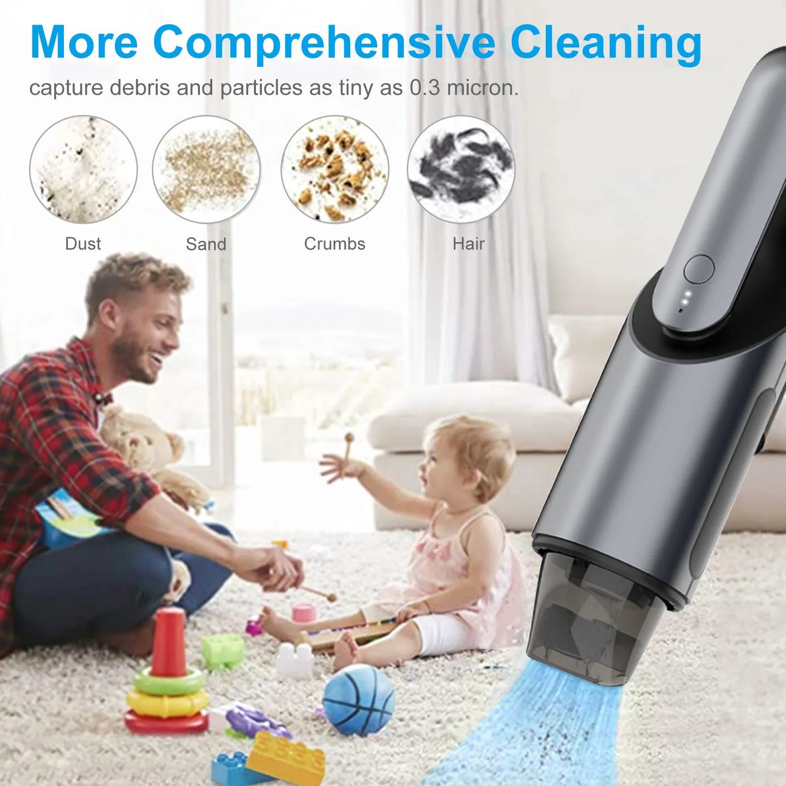 Black portable wireless handheld car vacuum cleaner with brush and flat attachments