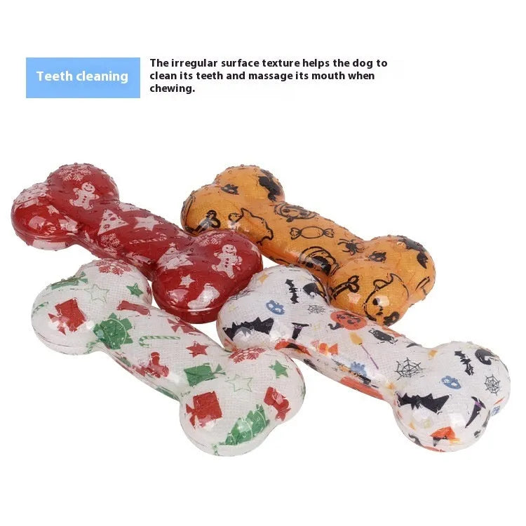 TPR printed bone dog chew toy in red or orange festive colours