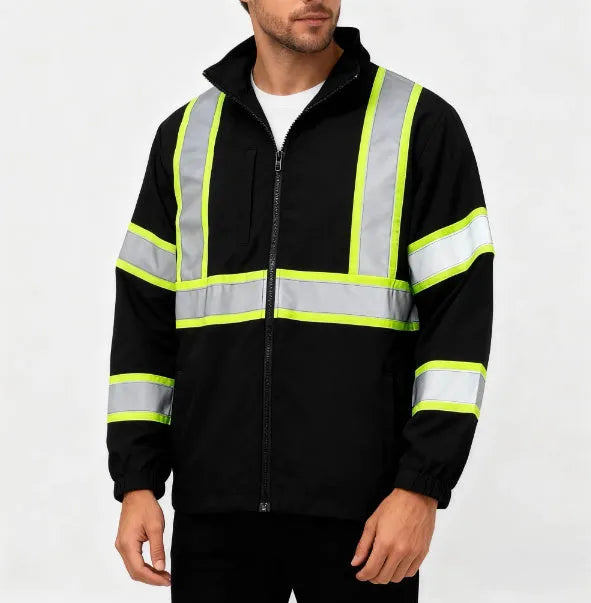 Black soft shell waterproof night reflective work coat with polyester fabric and medium length
