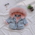 Blue denim coat for a girl with an attached hood and velvet lining.