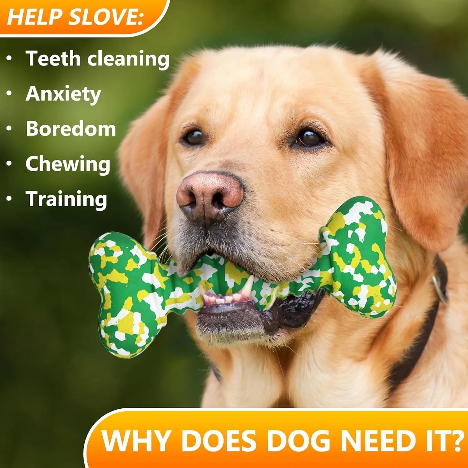 Green, white, and yellow camouflaged natural rubber bone chew toy for large dogs on a wooden surface.