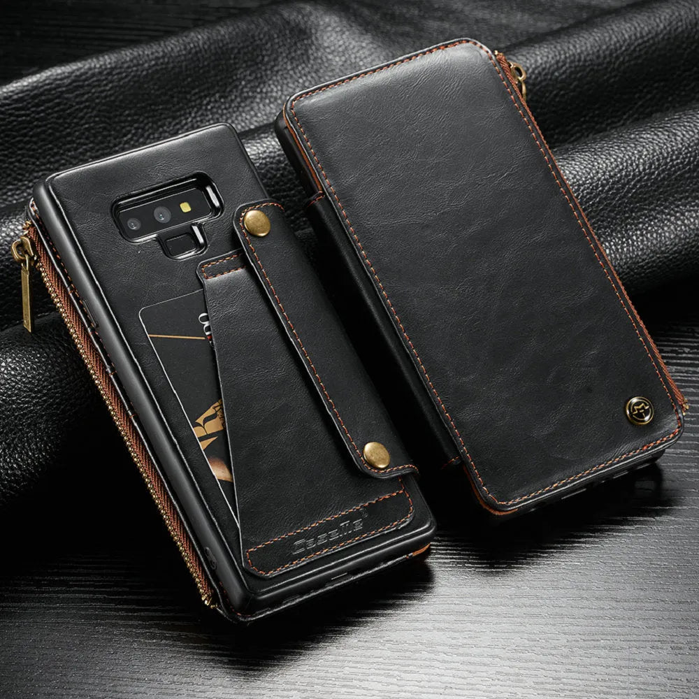 Black PU leather flip phone case for Samsung Galaxy Note9, shown open and closed.