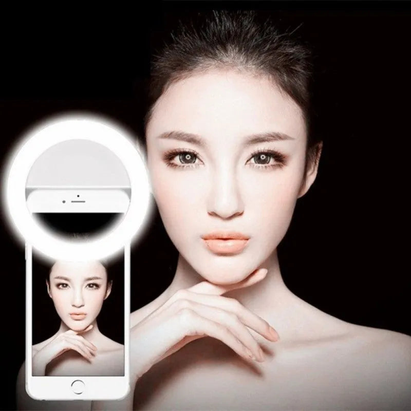 Smartphone clip-on selfie ring light with LED bulbs in green, white, black, pink colours