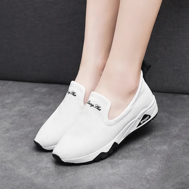 Women canvas shoes with super high heel, leather and fabric upper, low-top slip-on design, in white